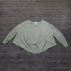 We The Free Size L Green Waffle Knit V-Neck Cutout Hem Knit Top